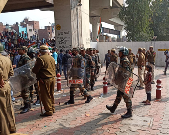 New Delhi: Security personnel deployed near Jaffrabad metro station where anti-Citizenship (Amendment) Act (CAA) protesters have gathered, blocking road no. 66 which connects Seelampur to Maujpur and Yamuna Vihar, on Feb 23, 2020. (Photo: IANS)