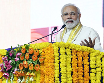 Rajkot: Prime Minister Narendra Modi addresses at the inauguration of Mahatma Gandhi Museum and several other development projects, in Rajkot.