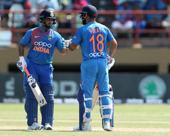 Guyana: Indian skipper Virat Kohli and Rishabh Pant during the third T20 international between India and West Indies at Providence Stadium in Guyana on Aug 6, 2019. (Photo: Twitter/BCCI)